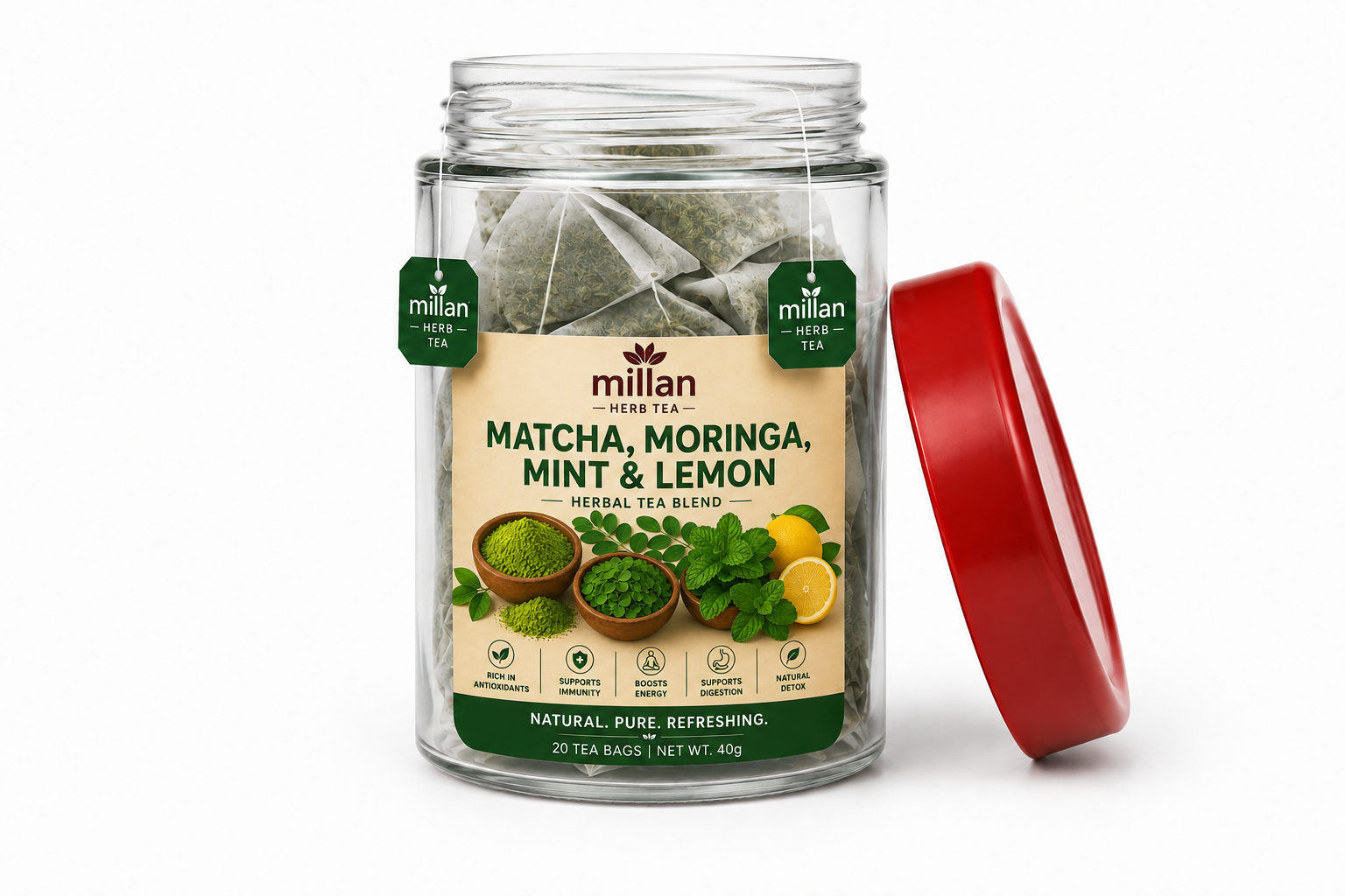 Matcha, Moringa, Mint & Lemon Herbal Tea Blend – 20 or 40 Tea Bags