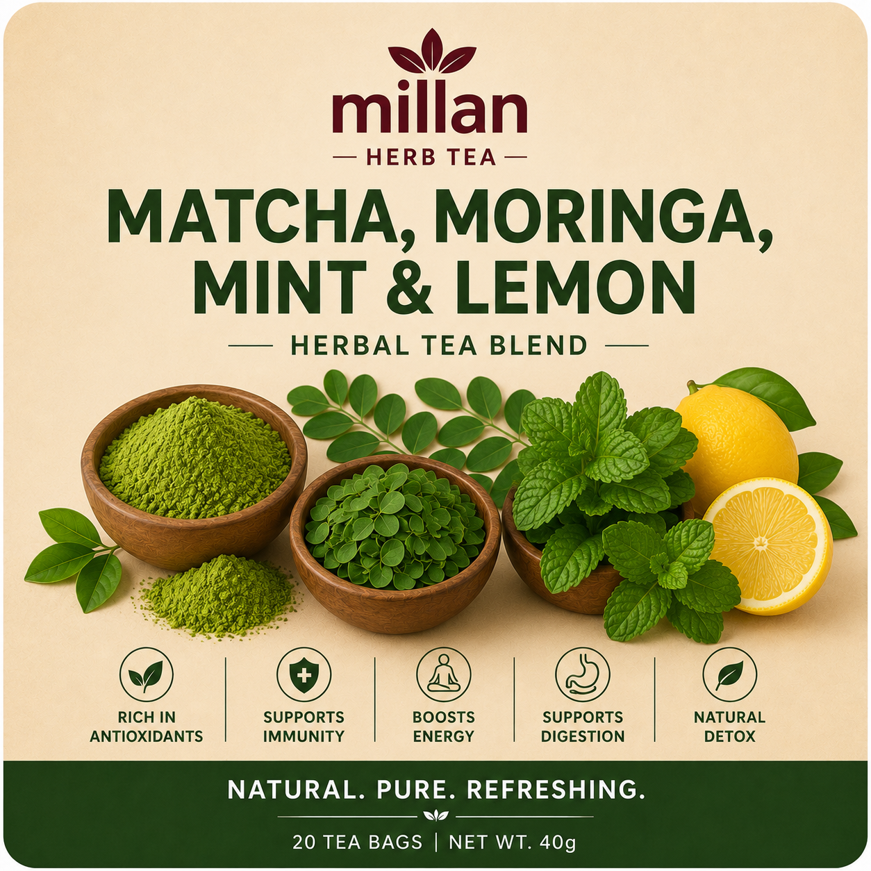 Matcha, Moringa, Mint & Lemon Herbal Tea Blend – 20 or 40 Tea Bags
