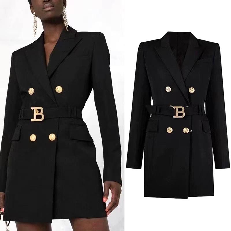 Women's Professional Luxe Noir Gold-Button Belted Blazer Dress Size M to 2XL Crafted from high-quality structured fabric, this piece features a double-breasted front adorned with striking gold-tone.