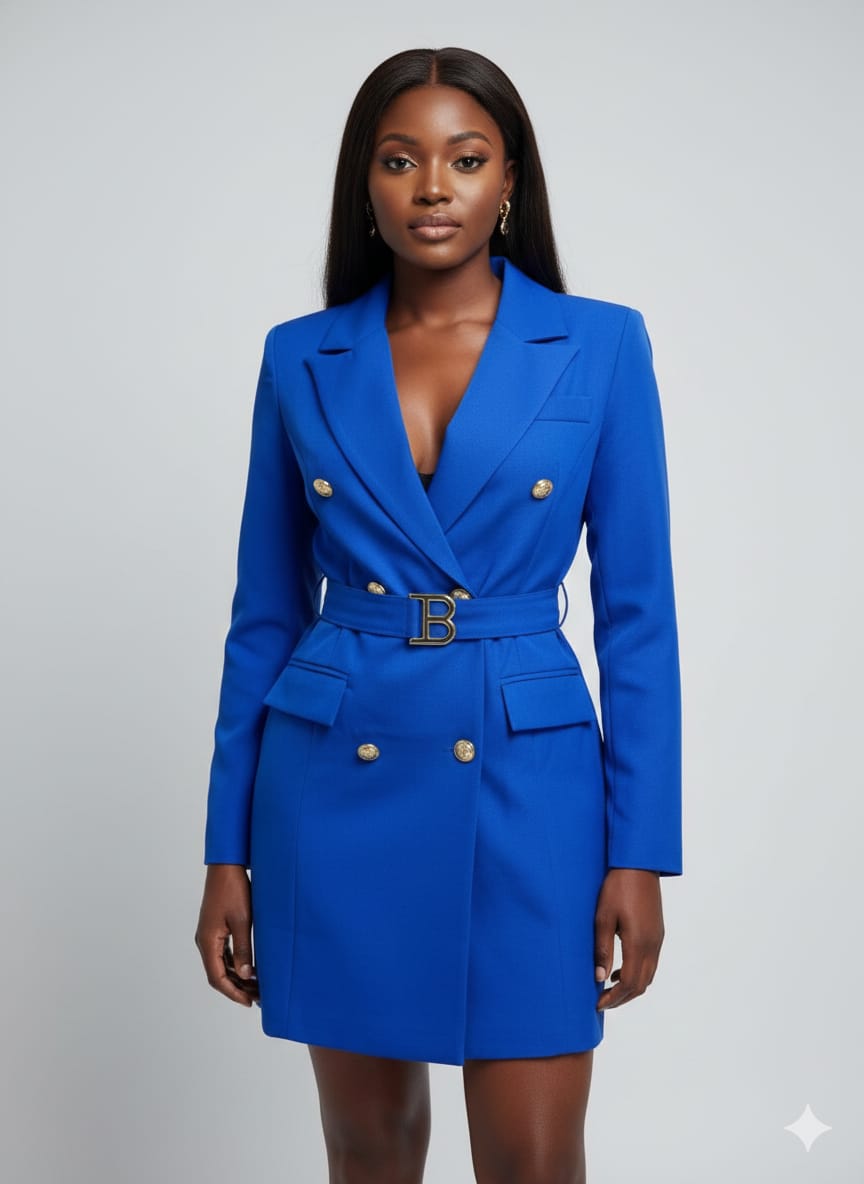 Women's Professional Luxe Noir Gold-Button Belted Blazer Dress Size M to 2XL Crafted from high-quality structured fabric, this piece features a double-breasted front adorned with striking gold-tone.