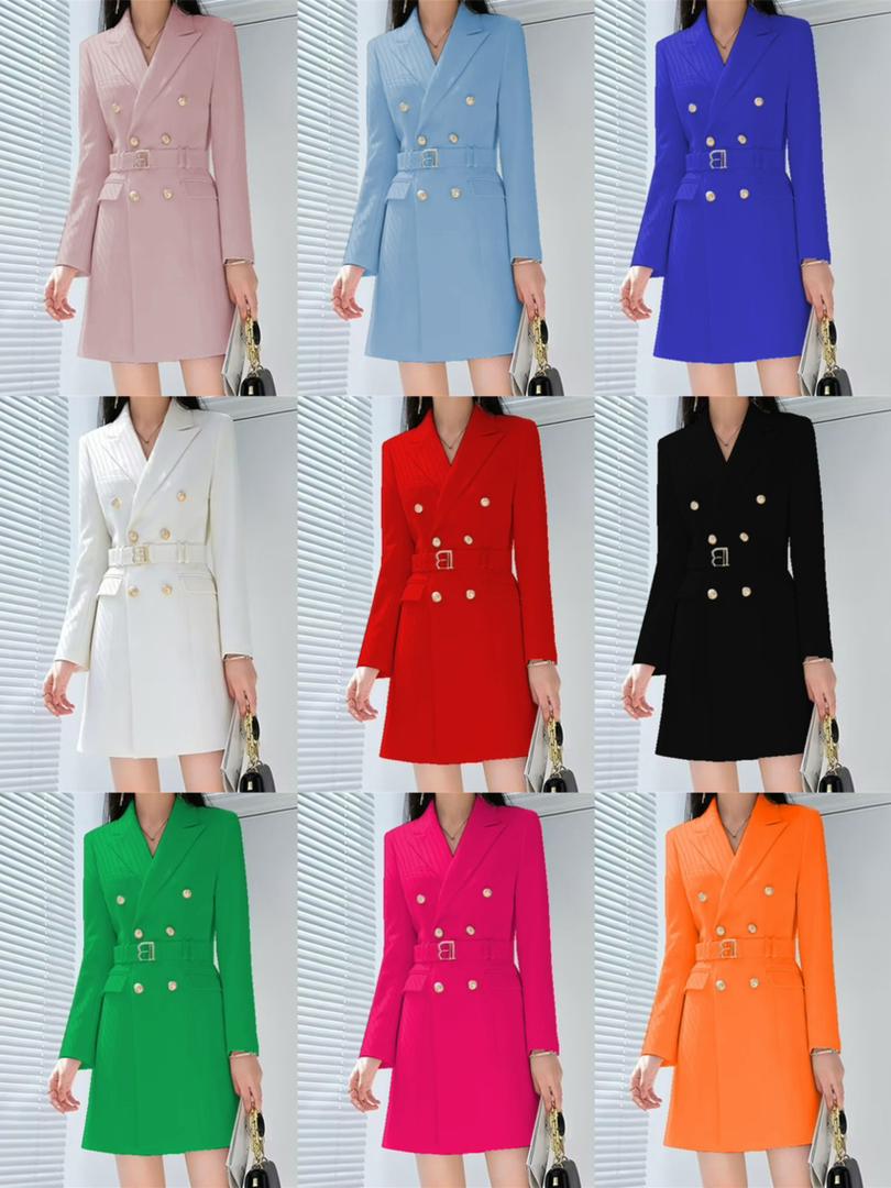 Women's Professional Luxe Noir Gold-Button Belted Blazer Dress Size M to 2XL Crafted from high-quality structured fabric, this piece features a double-breasted front adorned with striking gold-tone.