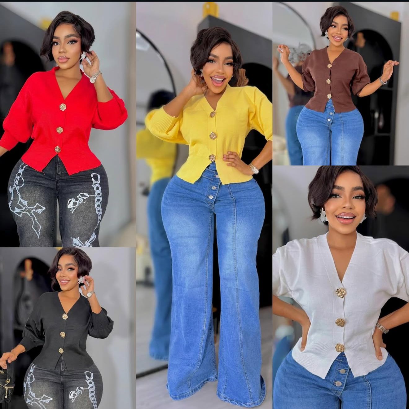 A knitted cardigan or sweater top characterised by its prominent silver/gold-tone heart-shaped buttons and has a slightly cropped length with long, voluminous balloon sleeves that end in ribbed cuffs.