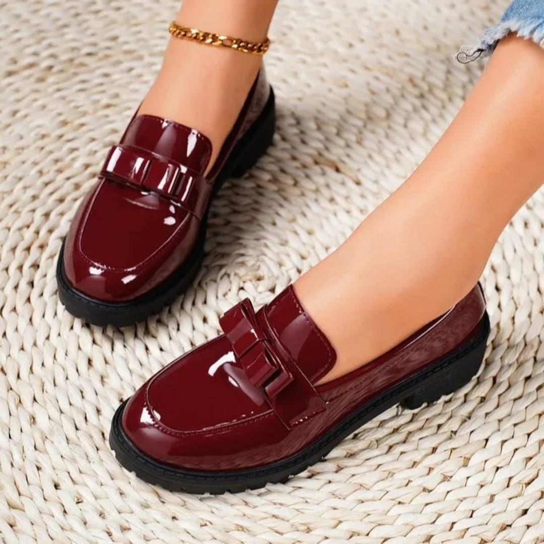 Women's Fashionable Classic Wetlook Brogues LuxeGloss Chunky Sole Loafer – Wine Red/Black size 36 to 42.