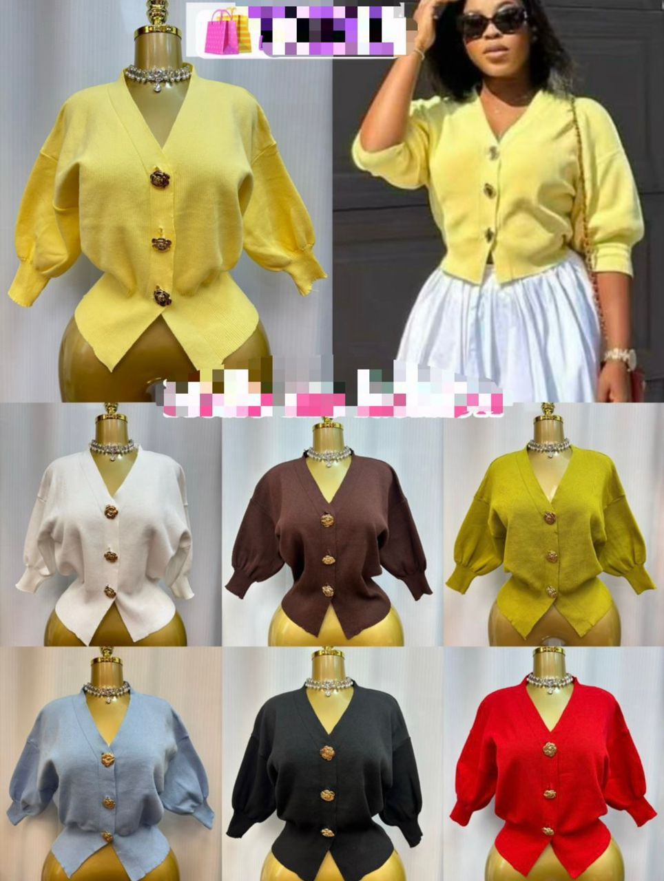 A knitted cardigan or sweater top characterised by its prominent silver/gold-tone heart-shaped buttons and has a slightly cropped length with long, voluminous balloon sleeves that end in ribbed cuffs.