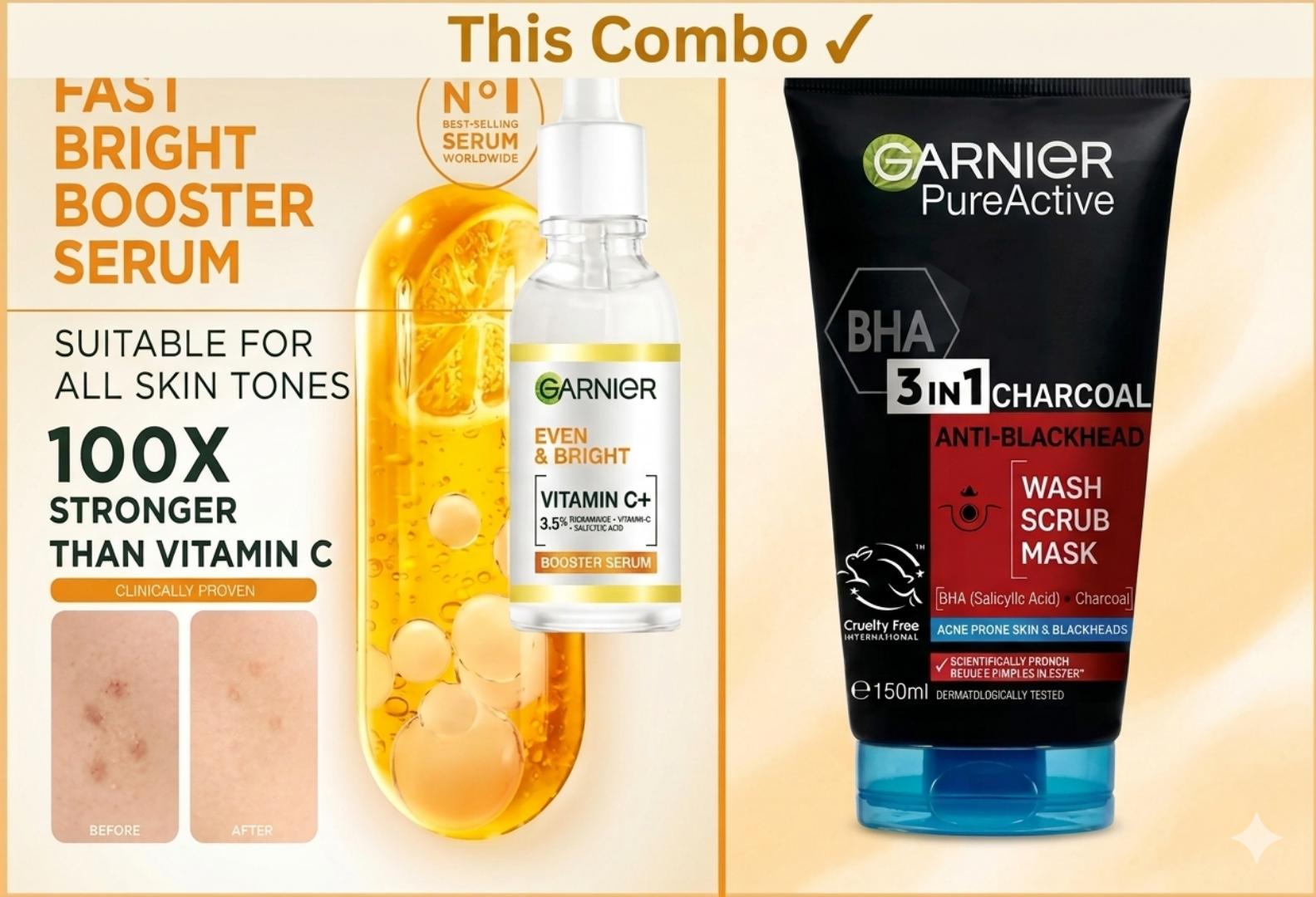 [ORIGINAL] Garnier Brightening & Anti-Blackhead Combo Pack. Garnier Brightening Serum and Wash Scrub Mask.