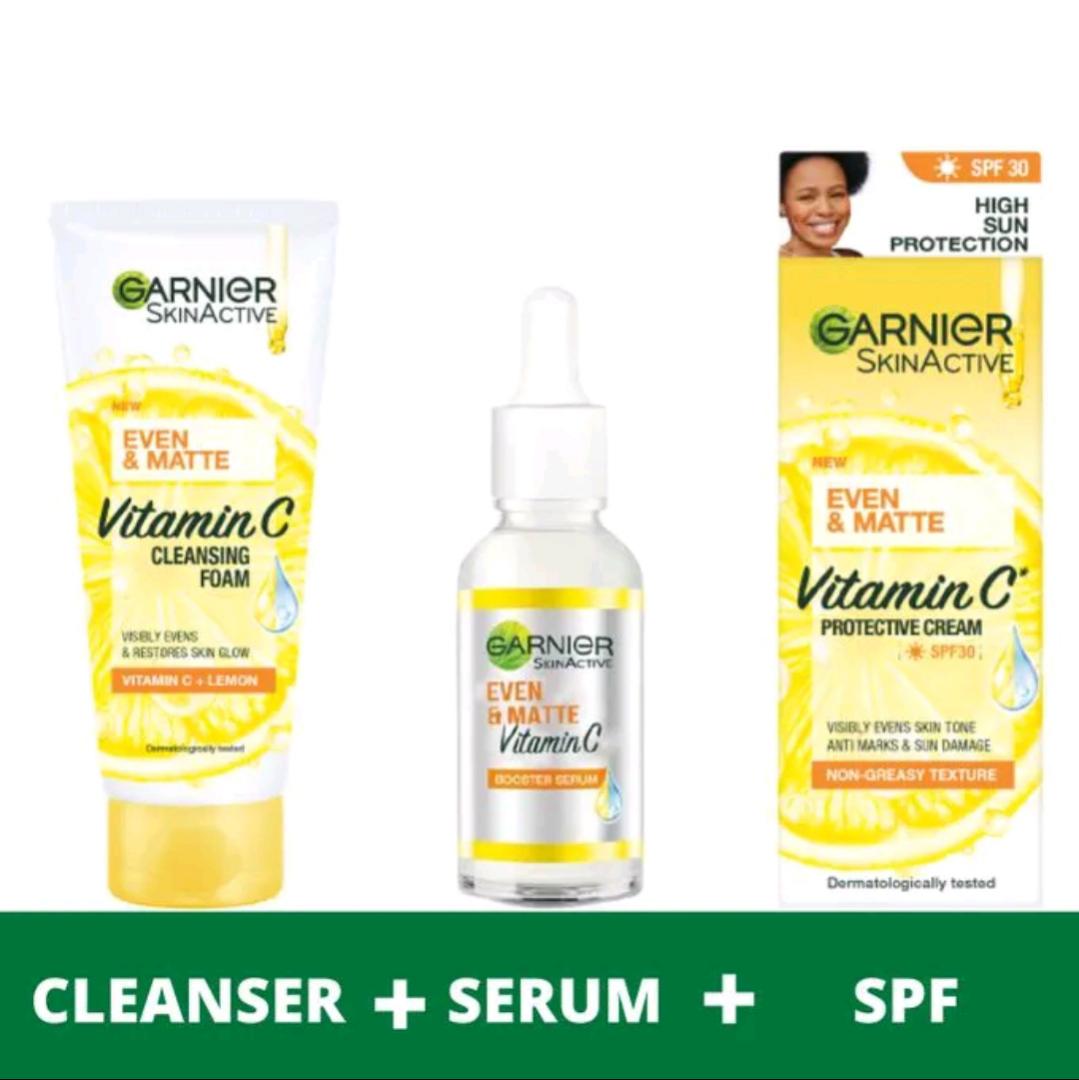 [ORIGINAL] Garnier Vitamin C Skin Care Set– Bye Acne, Remove Dark Marks & Get 7 Days Glow. Cleansing Foam 50ml, Serum 15ml and SPF 30 50ml.[DISCOUNTED]