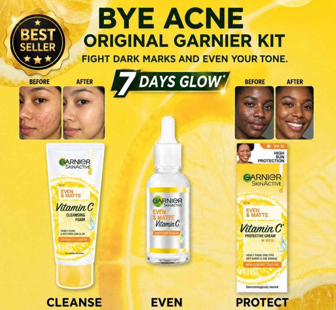 [ORIGINAL] Garnier Vitamin C Skin Care Set– Bye Acne, Remove Dark Marks & Get 7 Days Glow. Cleansing Foam 50ml, Serum 15ml and SPF 30 50ml.[DISCOUNTED]