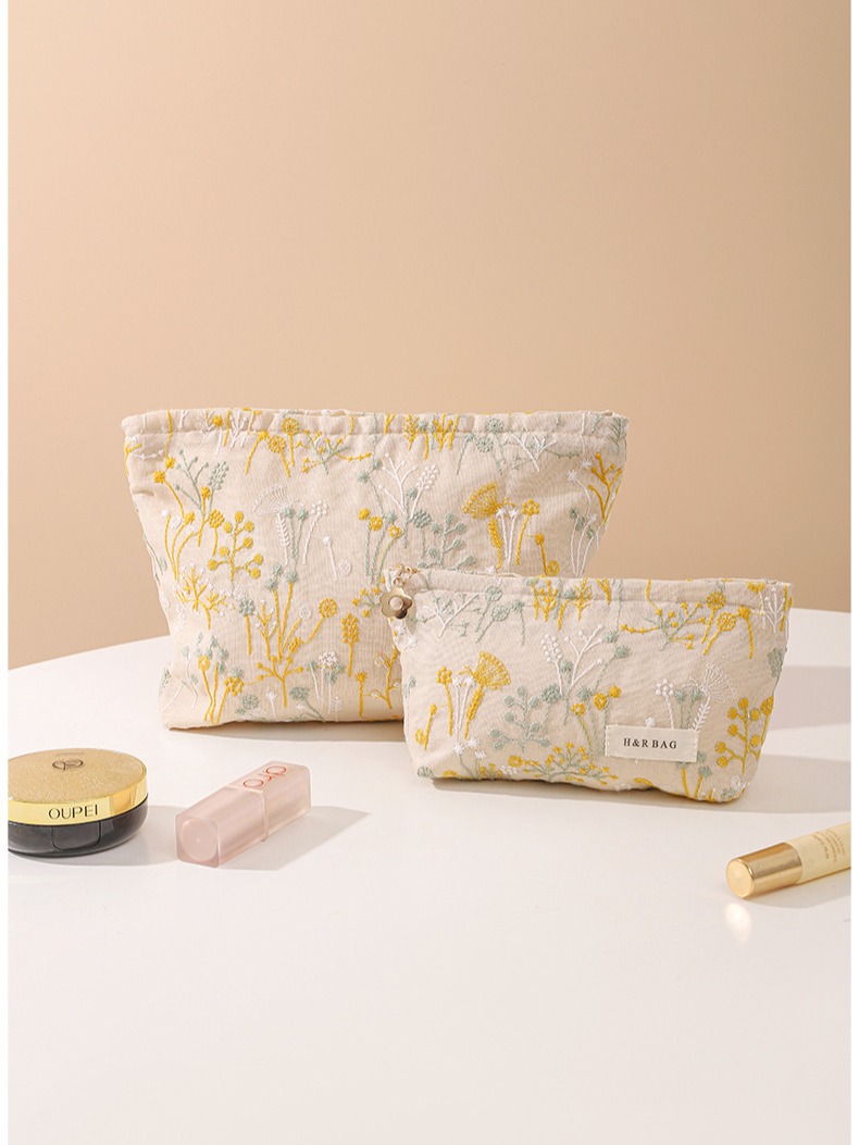 Ramie cotton and linen plant embroidery cosmetic bag hand-held portable canvas storage bag lipstick skin care products toiletry bag