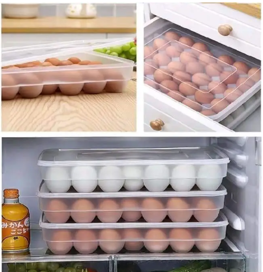 34pc Egg tray storage container with lid, made of hard plastic, long lasting-Transparent food-grade egg storage container with lid for refrigerator organization and safe egg storage.