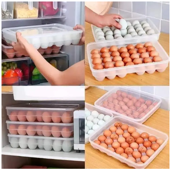 34pc Egg tray storage container with lid, made of hard plastic, long lasting-Transparent food-grade egg storage container with lid for refrigerator organization and safe egg storage.