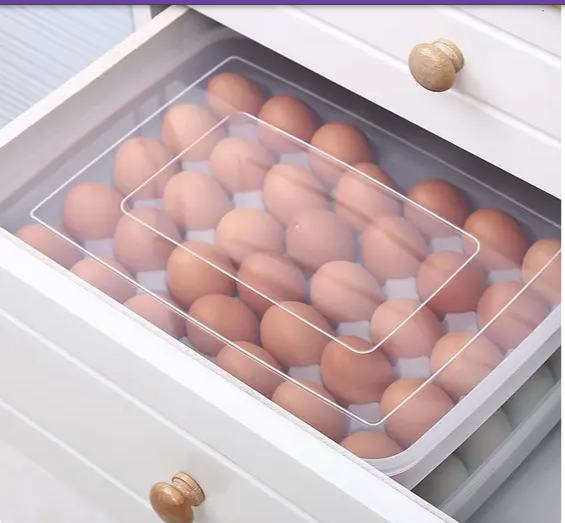 34pc Egg tray storage container with lid, made of hard plastic, long lasting-Transparent food-grade egg storage container with lid for refrigerator organization and safe egg storage.