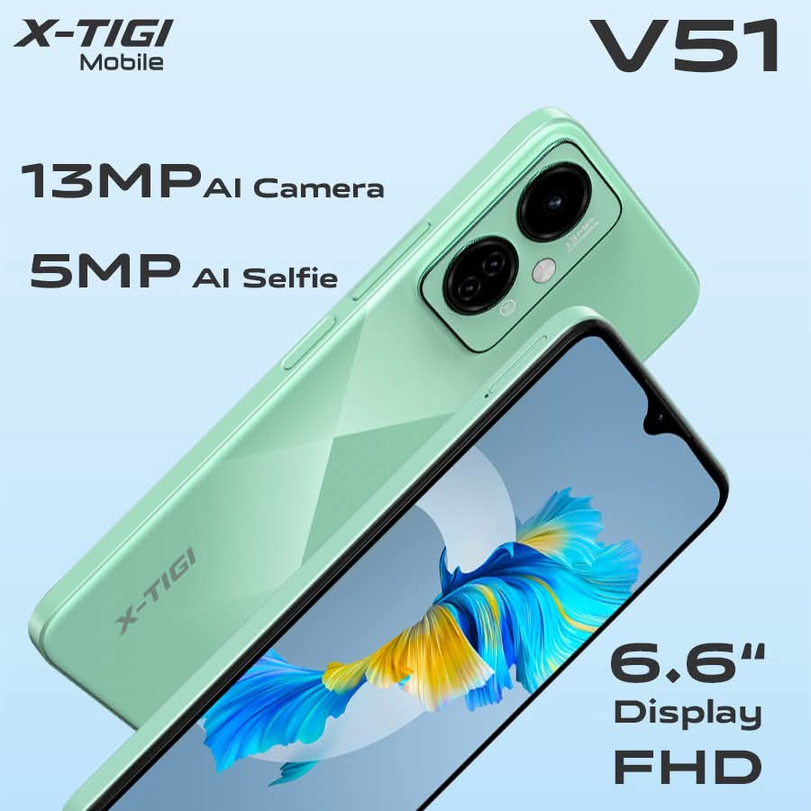 ON OFFER!! X- TIGI V51 128GB ROM + 4GB RAM (expandable), 13MP + 8MP, 8.9mm ultra thin design, 6.6'' QHD DISPLAY, DUAL SIM, SIDE FINGERPRINT, DUAL SIM, TYPE C, 2YRS WARRANTY. ANDROID SMARTPHONE,