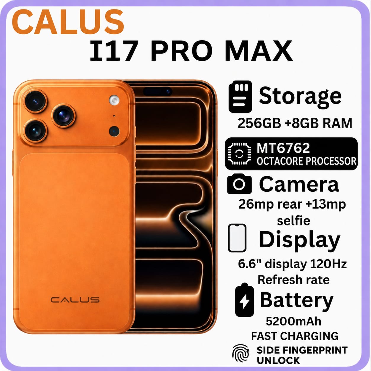 ON OFFER!! CALUS I17 PRO MAX, 8GB RAM + 256GB ROM, 13MP + 26MP CAMERA, 5000mAh, 6.6'' HD DISPLAY, CLASSY DESIGN. DUAL SIM,  ANDROID 14 SMARTPHONE, TYPE C CHARGE, SIDE FINGERPRINT, IPHONE COVER  GIFT.