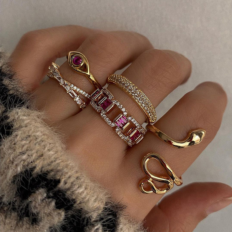 Alloy Ring Wholesale European and American Cross-border Niche High-end Sense Jewelry Diamond Snake-shaped Ring Set Stackable Women's Accessories