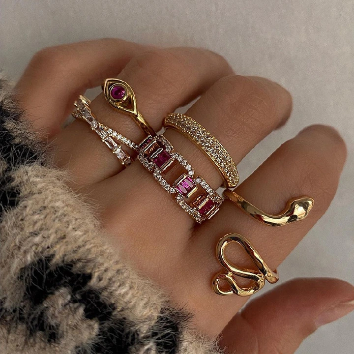 Alloy Ring Wholesale European and American Cross-border Niche High-end Sense Jewelry Diamond Snake-shaped Ring Set Stackable Women's Accessories