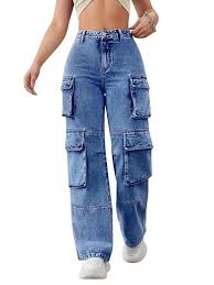 Fashion Ladies High Waist Denim Cargo Jeans, Stretchy Slim Fit Mummy Pants – Sky Blue