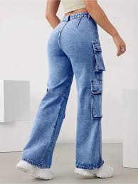 Fashion Ladies High Waist Denim Cargo Jeans, Stretchy Slim Fit Mummy Pants – Sky Blue