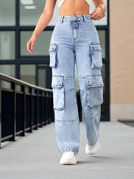 Fashion Ladies High Waist Denim Cargo Jeans, Stretchy Slim Fit Mummy Pants – Sky Blue