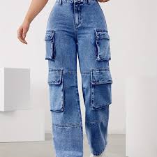 Fashion Ladies High Waist Denim Cargo Jeans, Stretchy Slim Fit Mummy Pants – Sky Blue