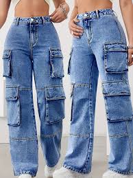 Fashion Ladies High Waist Denim Cargo Jeans, Stretchy Slim Fit Mummy Pants – Sky Blue