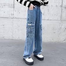 Fashion Ladies High Waist Denim Cargo Jeans, Stretchy Slim Fit Mummy Pants – Sky Blue