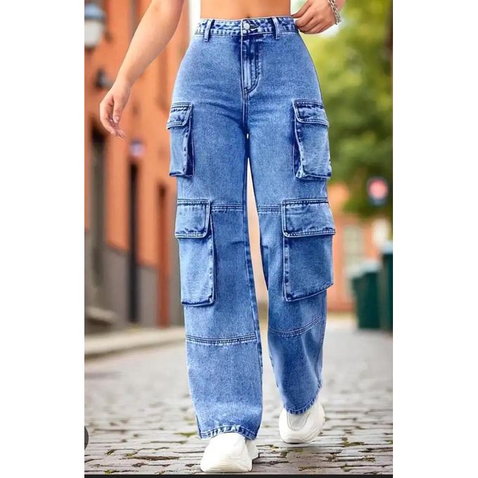 Fashion Ladies High Waist Denim Cargo Jeans, Stretchy Slim Fit Mummy Pants – Sky Blue