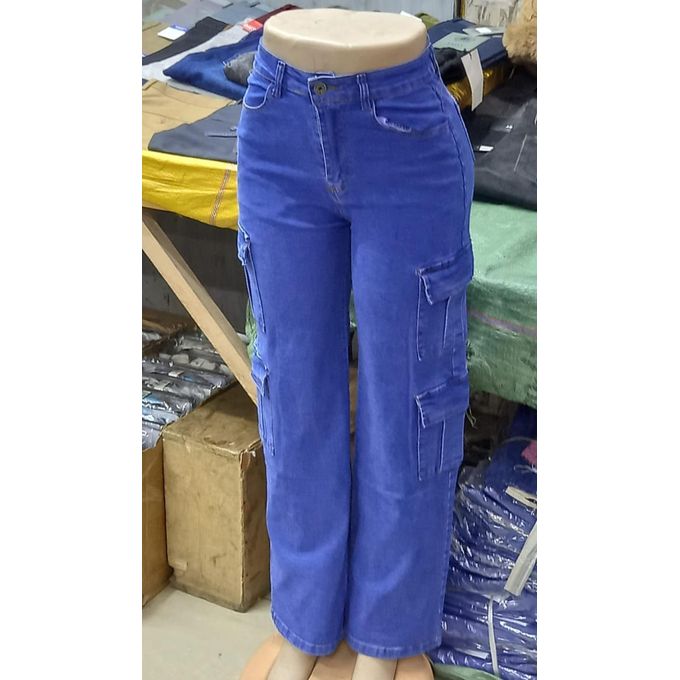 Fashion Ladies High Waist Denim Cargo Jeans, Stretchy Slim Fit Mummy Pants – Sky Blue