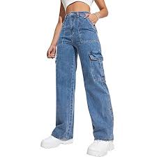 Fashion Ladies High Waist Denim Cargo Jeans, Stretchy Slim Fit Mummy Pants – Sky Blue
