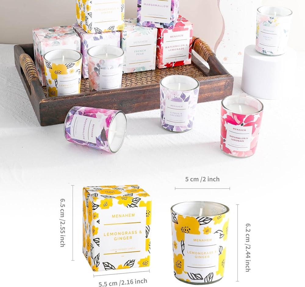 Menahem scented candle in elegant glass jar, long-lasting fragrance for home décor, relaxation and gifting. Clean burn, premium wax, stylish design perfect for bedrooms, living rooms