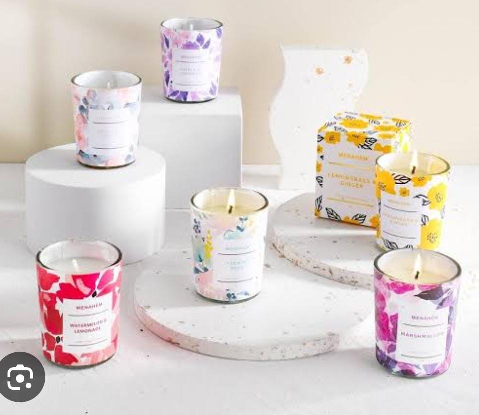 Menahem scented candle in elegant glass jar, long-lasting fragrance for home décor, relaxation and gifting. Clean burn, premium wax, stylish design perfect for bedrooms, living rooms