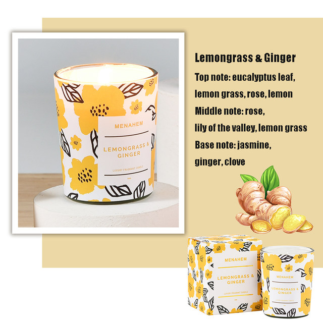 Menahem scented candle in elegant glass jar, long-lasting fragrance for home décor, relaxation and gifting. Clean burn, premium wax, stylish design perfect for bedrooms, living rooms