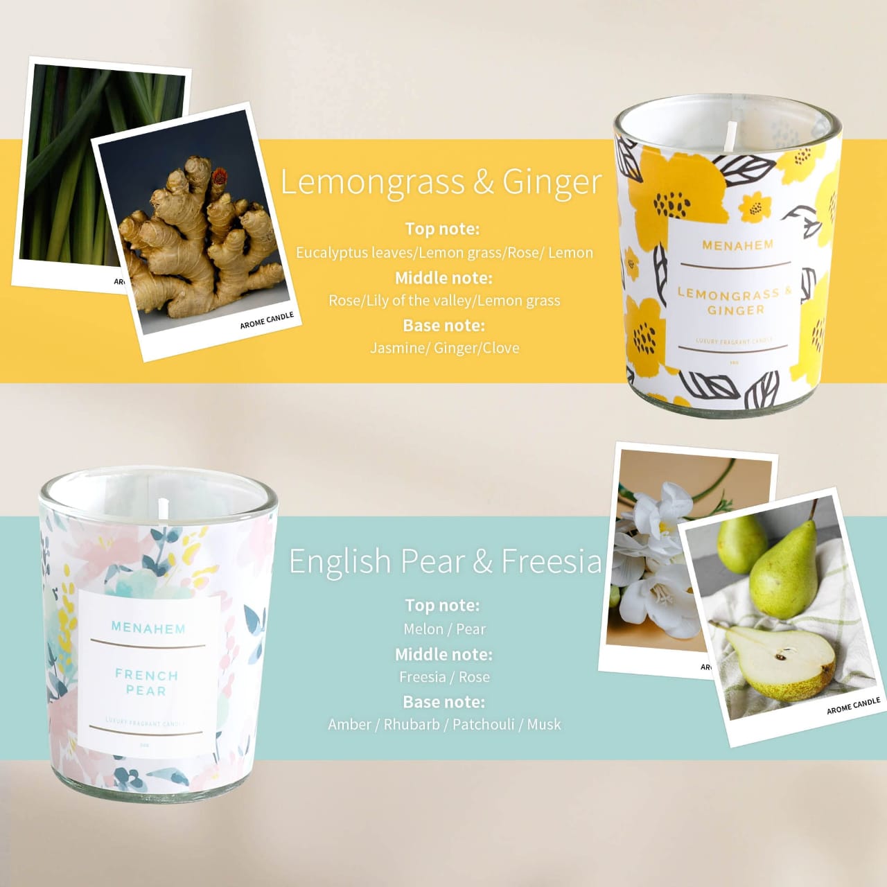 Menahem scented candle in elegant glass jar, long-lasting fragrance for home décor, relaxation and gifting. Clean burn, premium wax, stylish design perfect for bedrooms, living rooms