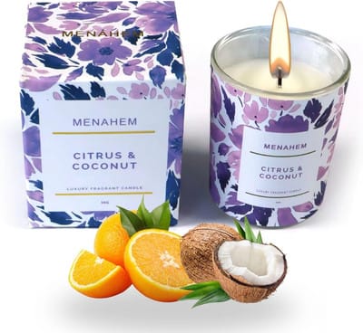 Menahem scented candle in elegant glass jar, long-lasting fragrance for home décor, relaxation and gifting. Clean burn, premium wax, stylish design perfect for bedrooms, living rooms