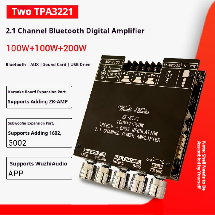 Dual TPA3221 Chip 2.1 Channel Bluetooth Digital Power Amplifier Board, 100W*2+200W Independent Treble & Bass Adjustment, Support AUX/USB Drive/Sound Card, DIY Audio Amplifier Module for Home Theater
