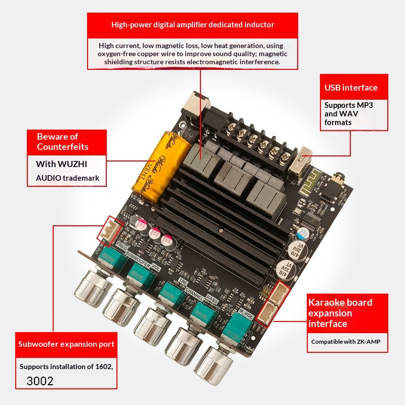 Dual TPA3221 Chip 2.1 Channel Bluetooth Digital Power Amplifier Board, 100W*2+200W Independent Treble & Bass Adjustment, Support AUX/USB Drive/Sound Card, DIY Audio Amplifier Module for Home Theater