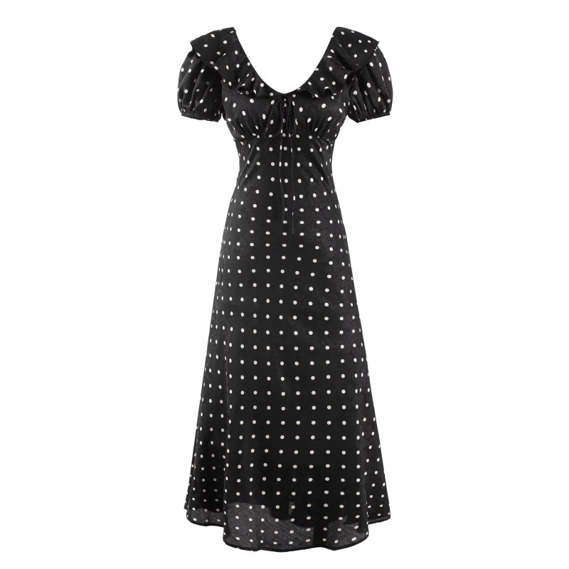 French retro polka dot ruffle collar dress with summer bubble sleeves, cinched waist for slimming, fish tail long tea break skirt