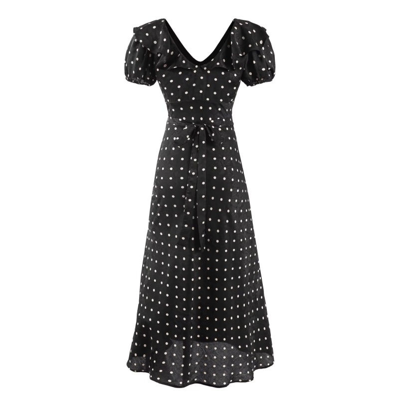 French retro polka dot ruffle collar dress with summer bubble sleeves, cinched waist for slimming, fish tail long tea break skirt