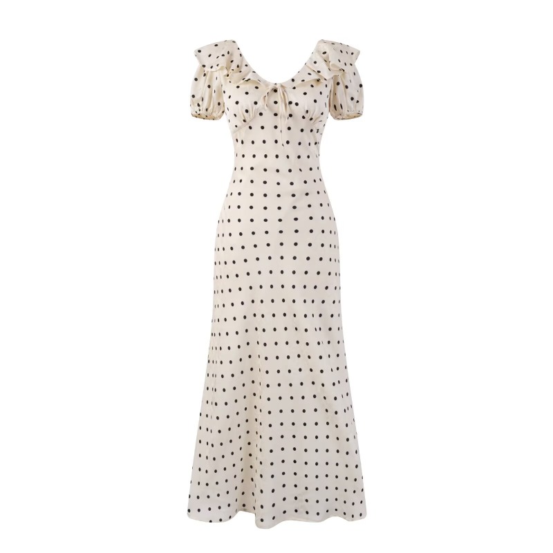 French retro polka dot ruffle collar dress with summer bubble sleeves, cinched waist for slimming, fish tail long tea break skirt