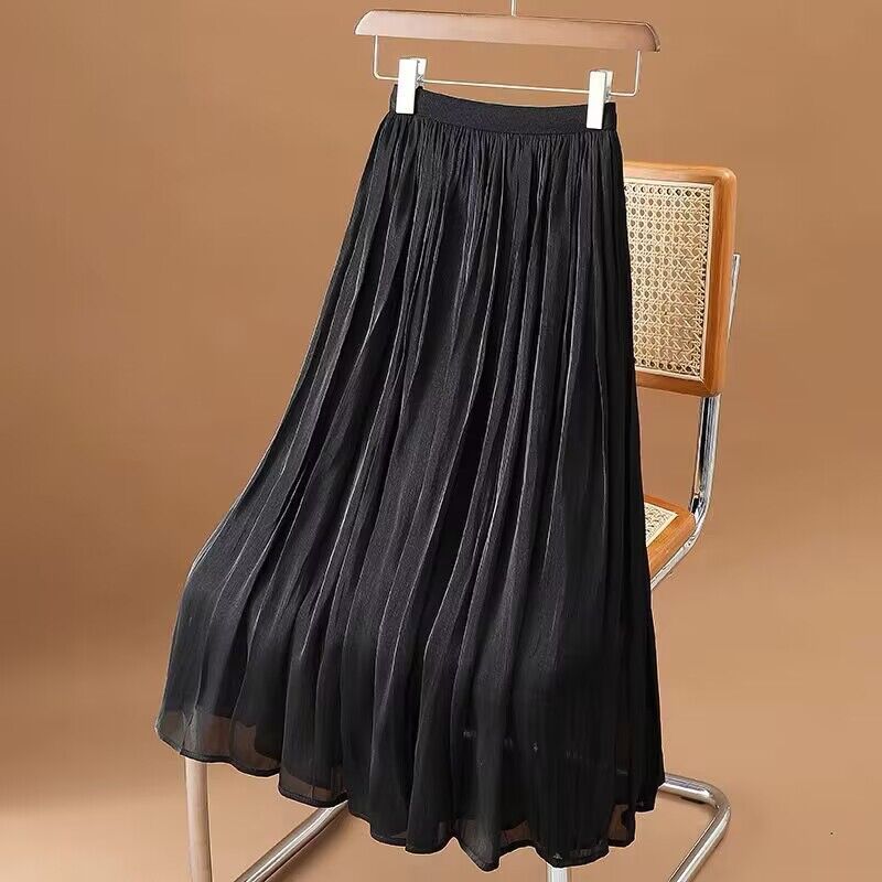 New style gentle and smooth crepe skirt, elastic waistband for a slimming effect and hip coverage, A-line large-flare mid-length fairy dress