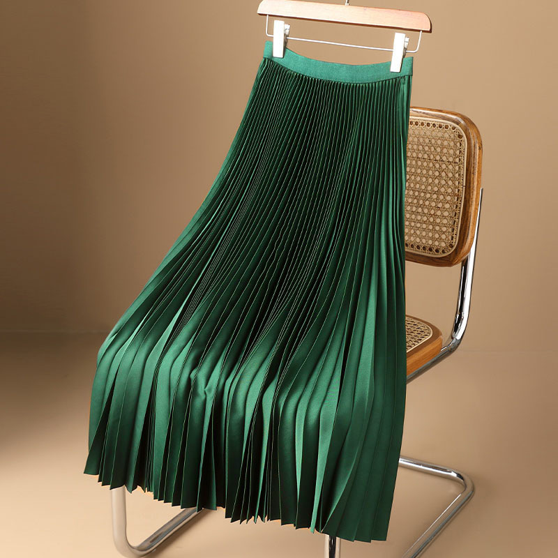 High waisted satin pleated midi skirt with a slimming effect in summer, covering the hips with an A-line mid length accordion pleated umbrella skirt