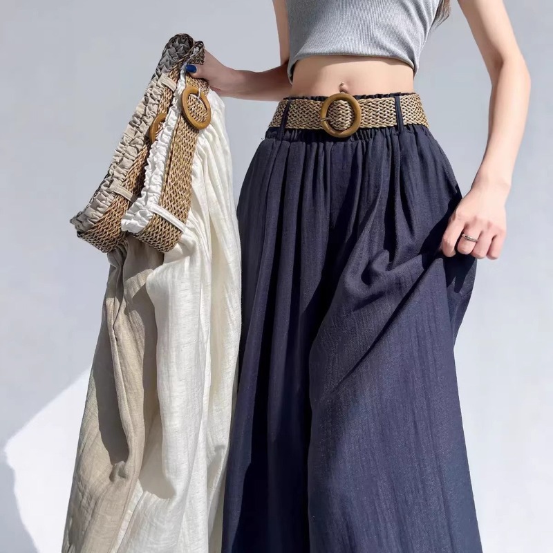 Women's high-waisted wide-leg pants, summer style, with a draping silhouette that makes you look slimmer and covers the hips, come with a belt, casual and laid-back, floor-length pants