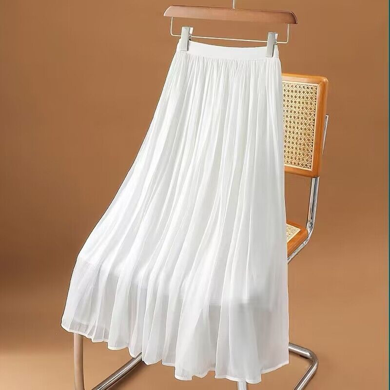 New style gentle and smooth crepe skirt, elastic waistband for a slimming effect and hip coverage, A-line large-flare mid-length fairy dress