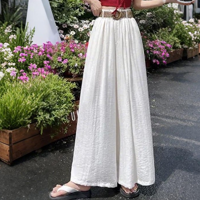 Women's high-waisted wide-leg pants, summer style, with a draping silhouette that makes you look slimmer and covers the hips, come with a belt, casual and laid-back, floor-length pants