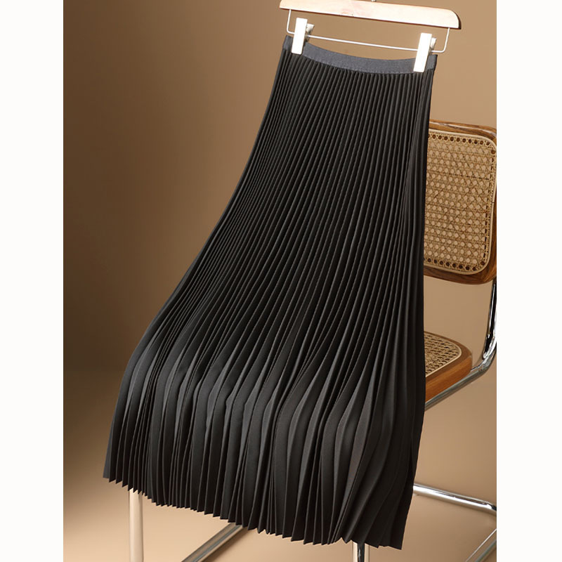 High waisted satin pleated midi skirt with a slimming effect in summer, covering the hips with an A-line mid length accordion pleated umbrella skirt