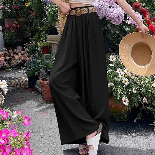 Women's high-waisted wide-leg pants, summer style, with a draping silhouette that makes you look slimmer and covers the hips, come with a belt, casual and laid-back, floor-length pants