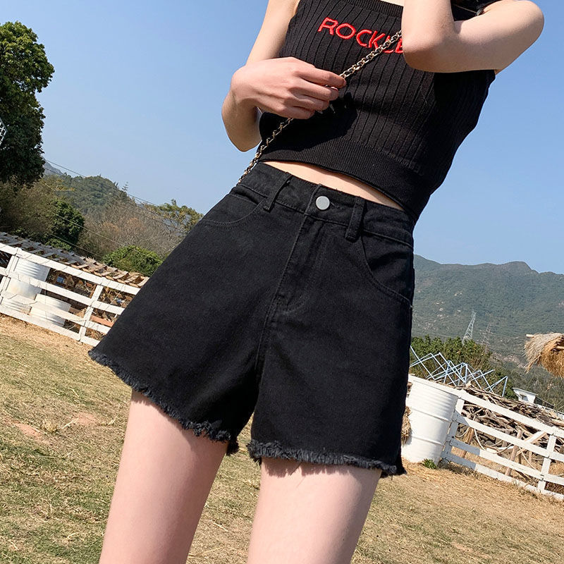 New pure black high waisted denim shorts with frayed hemlines that look slim and cover the hips, A-line wide leg spicy girl shorts