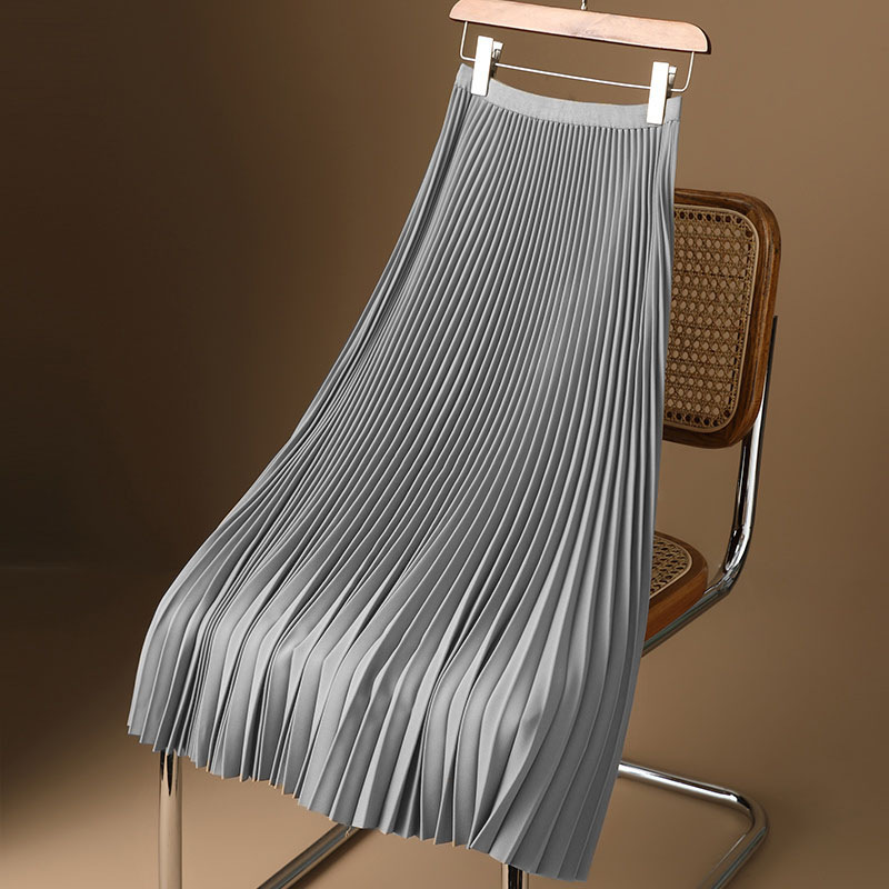 High waisted satin pleated midi skirt with a slimming effect in summer, covering the hips with an A-line mid length accordion pleated umbrella skirt
