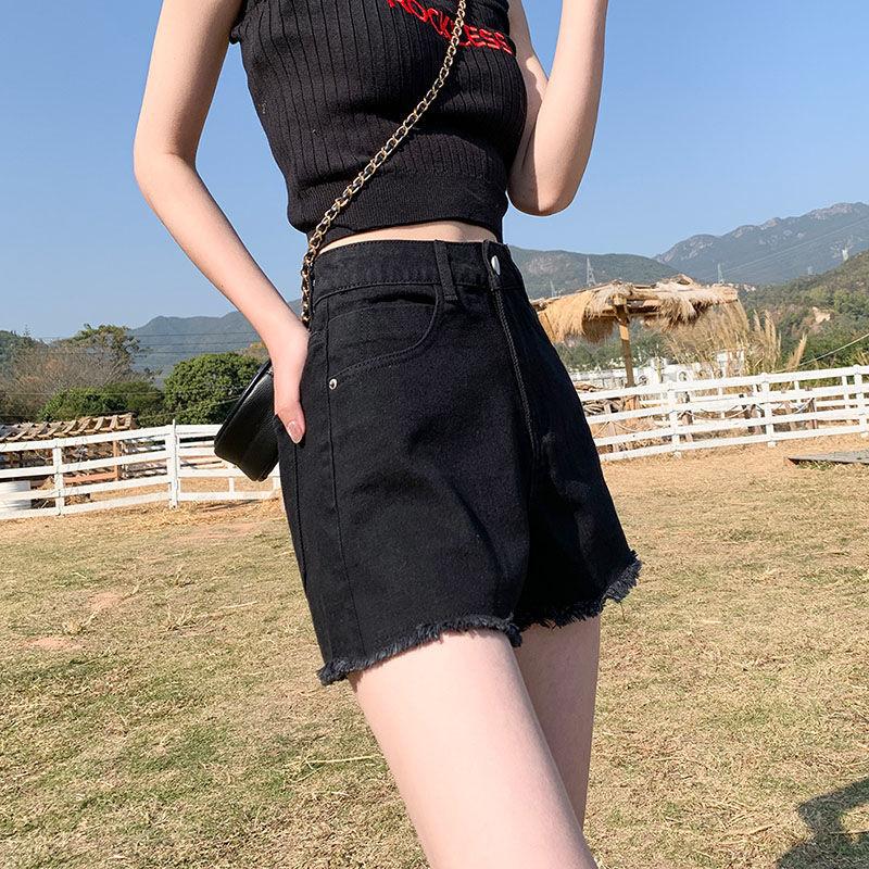 New pure black high waisted denim shorts with frayed hemlines that look slim and cover the hips, A-line wide leg spicy girl shorts