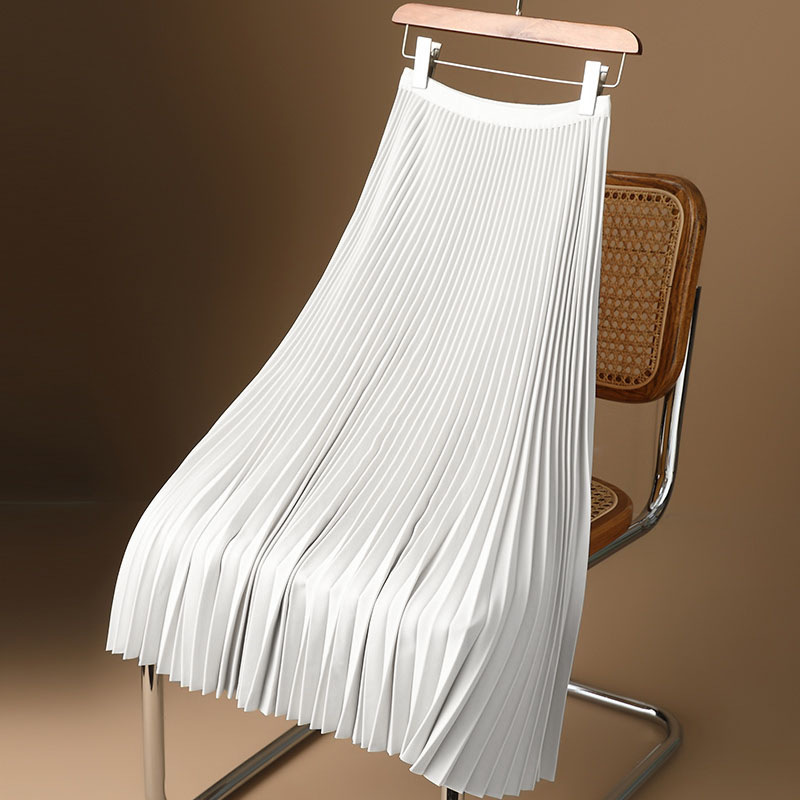 High waisted satin pleated midi skirt with a slimming effect in summer, covering the hips with an A-line mid length accordion pleated umbrella skirt