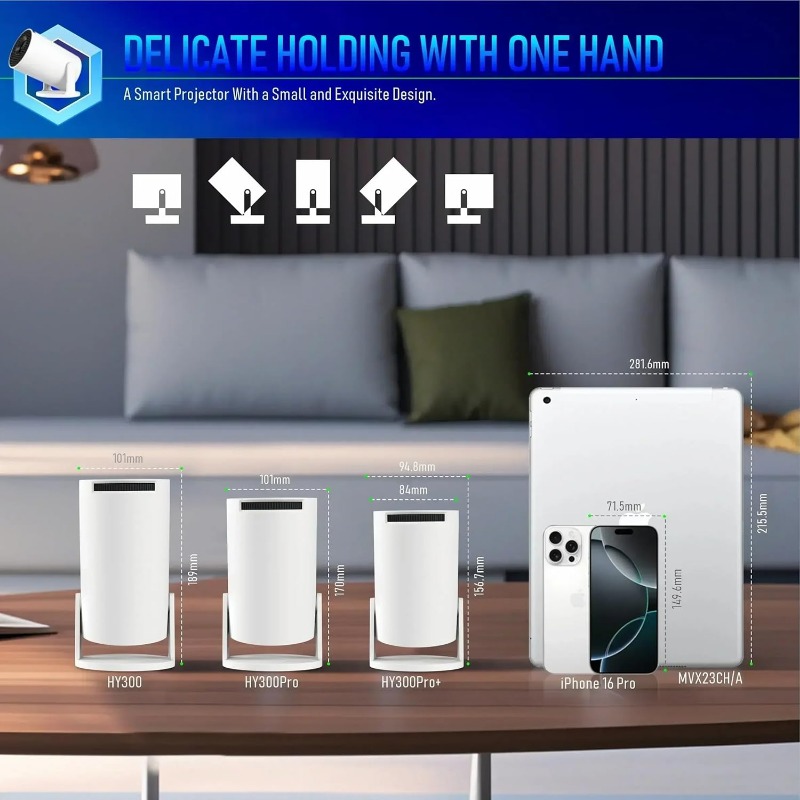 HY300 + Smart 4K Portable Projector with WiFi 6, Bluetooth 5.4, Android 14, Auto Keystone, 130 Inch Display,180 Degree Rotation, for iOS/Android,Gaming & Home Cinema
